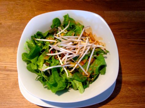 No it's not a salad. It's yummy glass noodles hidden by greens. Genius.